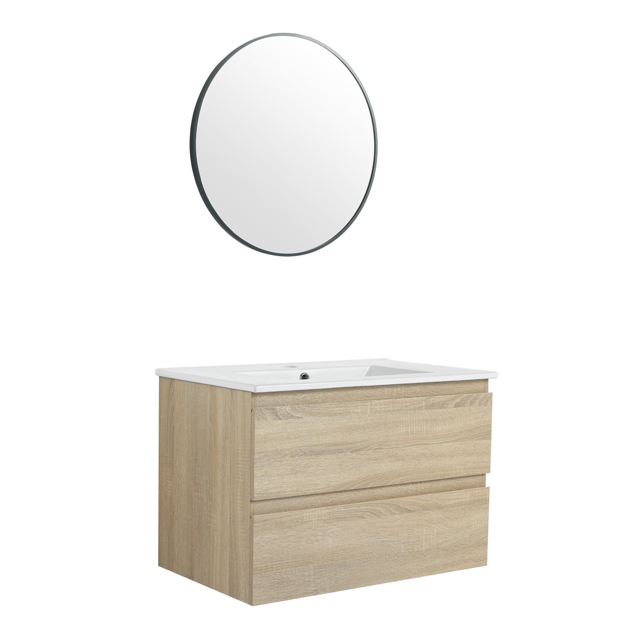 Noble House 30" Wall-Mounted Bathroom Vanity, Ceramic Sink, 2 Soft-Close Drawers, Wood Grain Finish, Light Oak