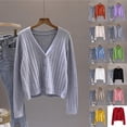 thumbnail image 5 of Womens And Winter V Neck Knitted Sweater Tops Long Sleeves Loose Short Cardigan Pink YIWEI, 5 of 11