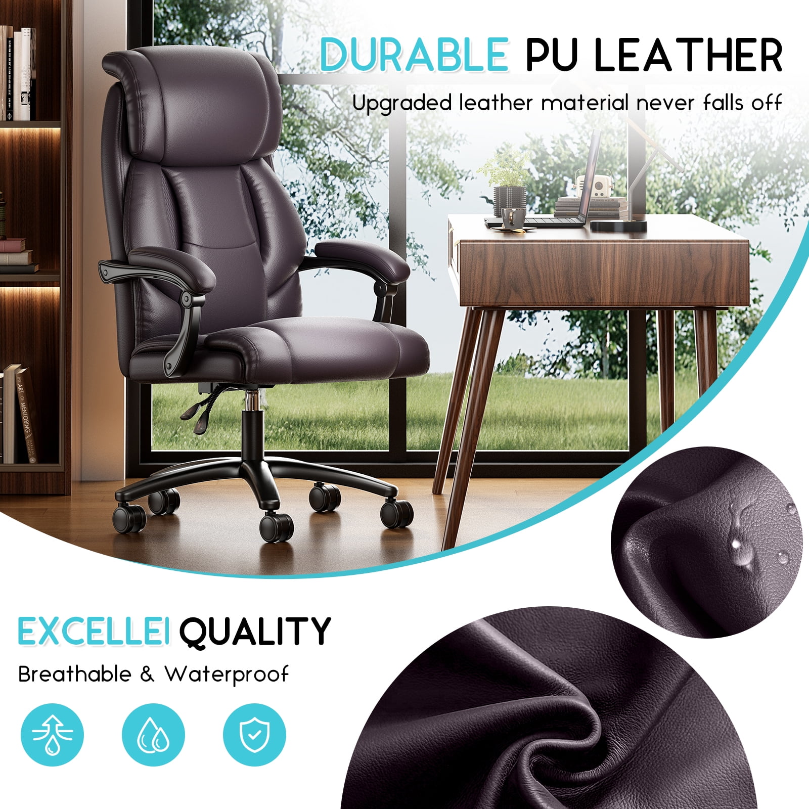 Ninecer Reclining Office Chair, Comfortable and Heavy Duty Executive Office Desk Chair, Brown (Set of 1)