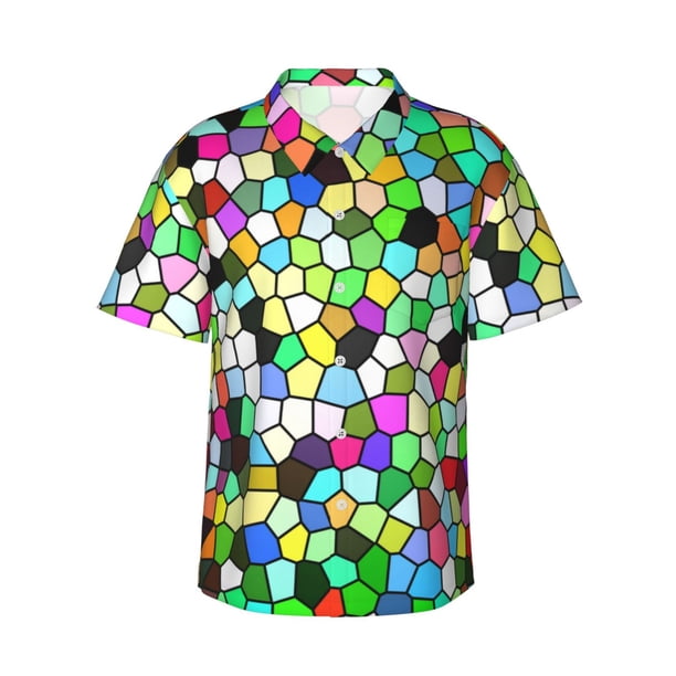 Balery Colorful Tie Dye Stained Glass Camisas hawaianas de manga corta para hombre, camisas playeras de corte holgado, camisas de vacaciones con botones,3X-Large