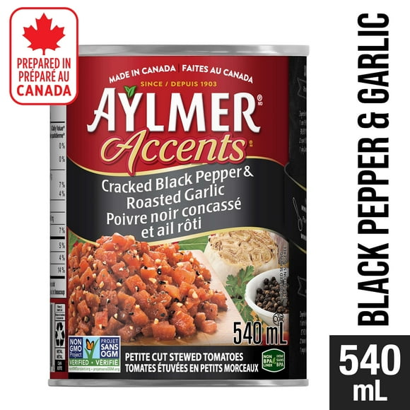 Aylmer Accents Cracked Black Pepper and Roasted Garlic Stewed Tomatoes, 540 ml