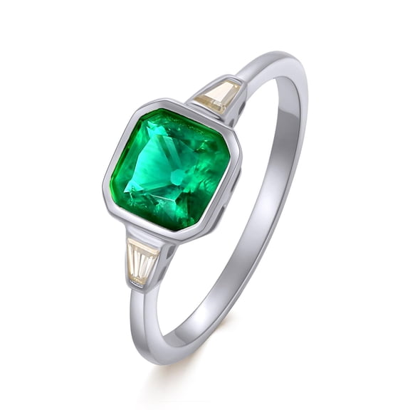 AFFY 3 Stone Engagement Ring, 6X6MM Asscher Shape Zambian Emerald Lab Grown Gemstone & Created Moissanite Wedding Rings In 14K White Gold Over Sterling Silver (0.95 Cttw) Size-5