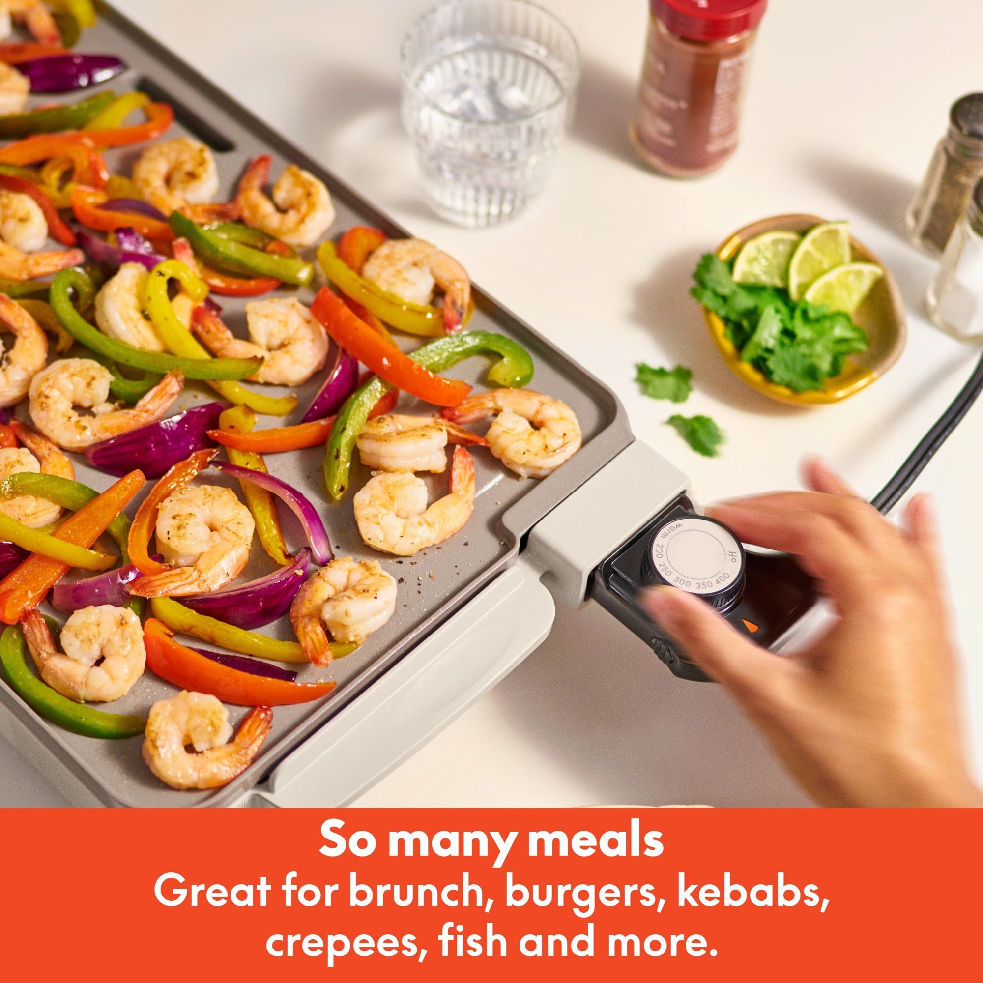 bella 10" x 20" Electric Griddle with Warming Tray, EverGood™ Ceramic Nonstick Coating & Removable Temperature Probe, Oatmilk