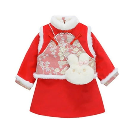 

WUDATI Toddler Boys Girls Set Halloween Chistmas Toddler Girls Boys Winter Toddler Traditional New Year Long Sleeve Floral Printed Button Furry Vest And Dress With Bunny Bag Girl Winter Outfits