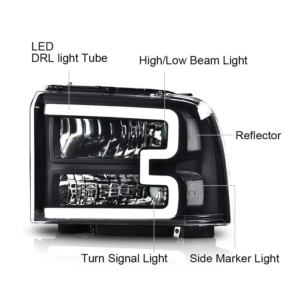 CROSSDESIGN LED DRL Headlights Assembly Headlamps Fit for Ford F250 F350 F450 F550 Super Duty 2005-2007