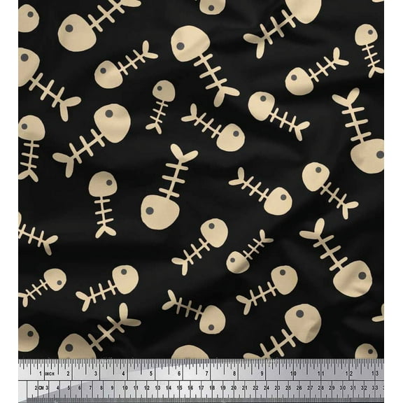 Soimoi Black Cotton Duck Fabric Fish Skeleton Ocean Print Sewing Fabric Yard 42 Inch Wide