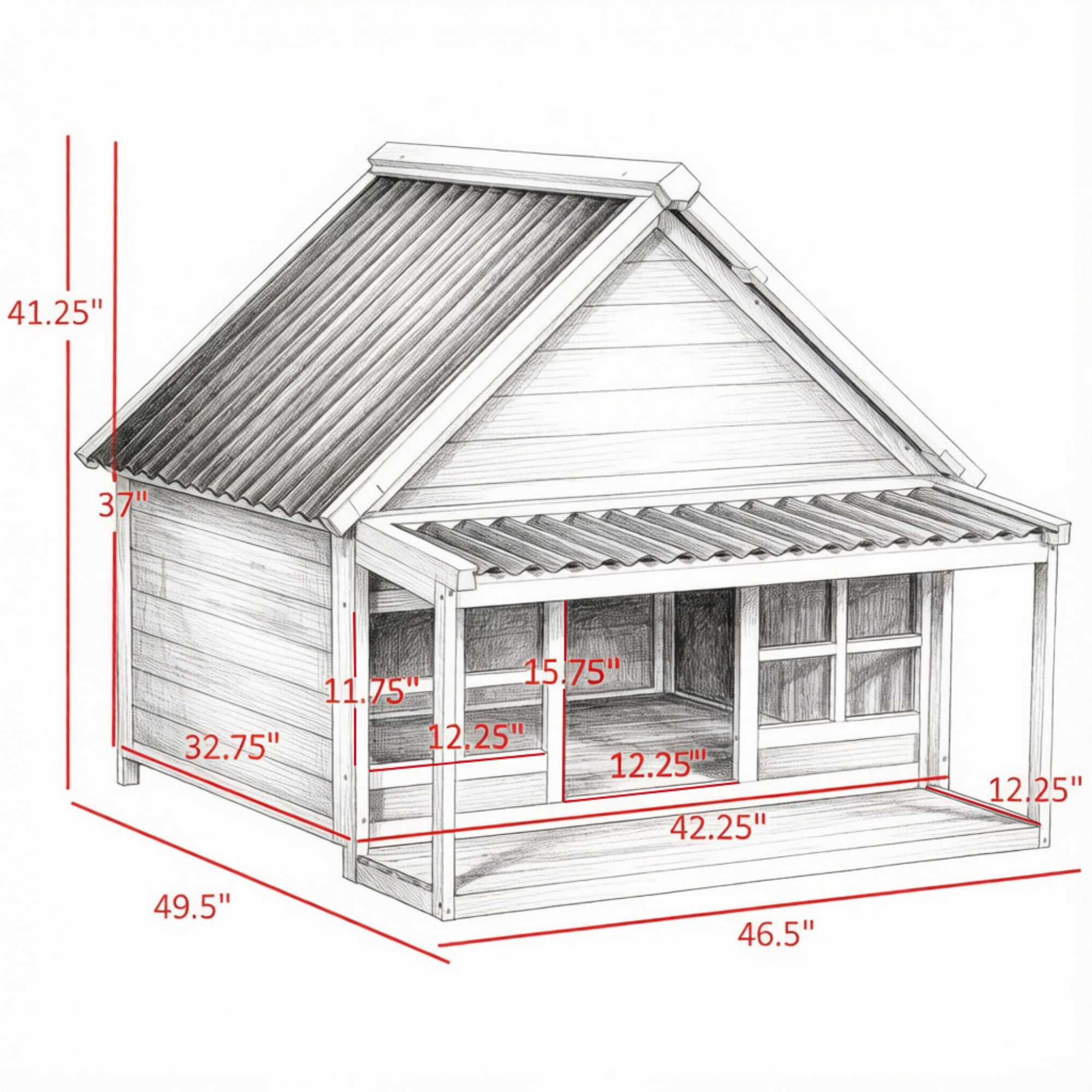 Wooden Dog House with Porch, Outdoor Weatherproof Dog House with Tilt Roof, Front Door and Windows, for Medium and Large Sized Dogs