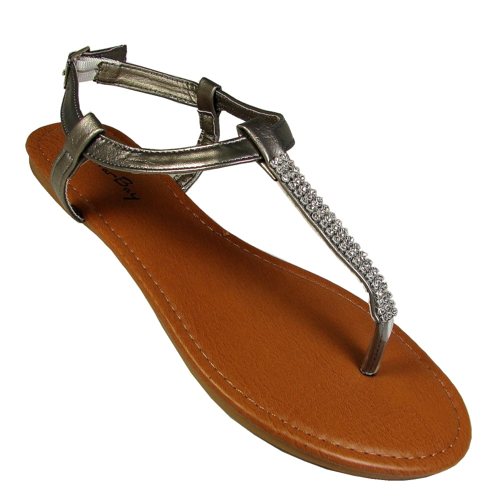 New women's shoes sandals t strap open toe rhinestones summer casual pewter 