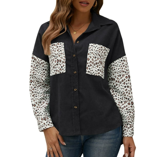 Camisa suelta de mujer Pana Estampado de leopardo Botones de manga larga Camisas de gran tamaño Irfora Camisa de mujer