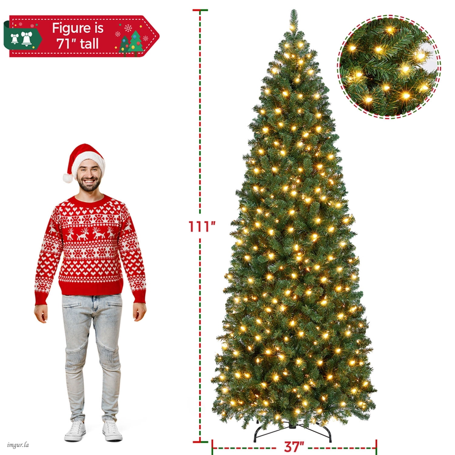 Alden Design 9FT Pre-lit Pencil Artificial Christmas Tree with Stand and 500 LED Lights,Green