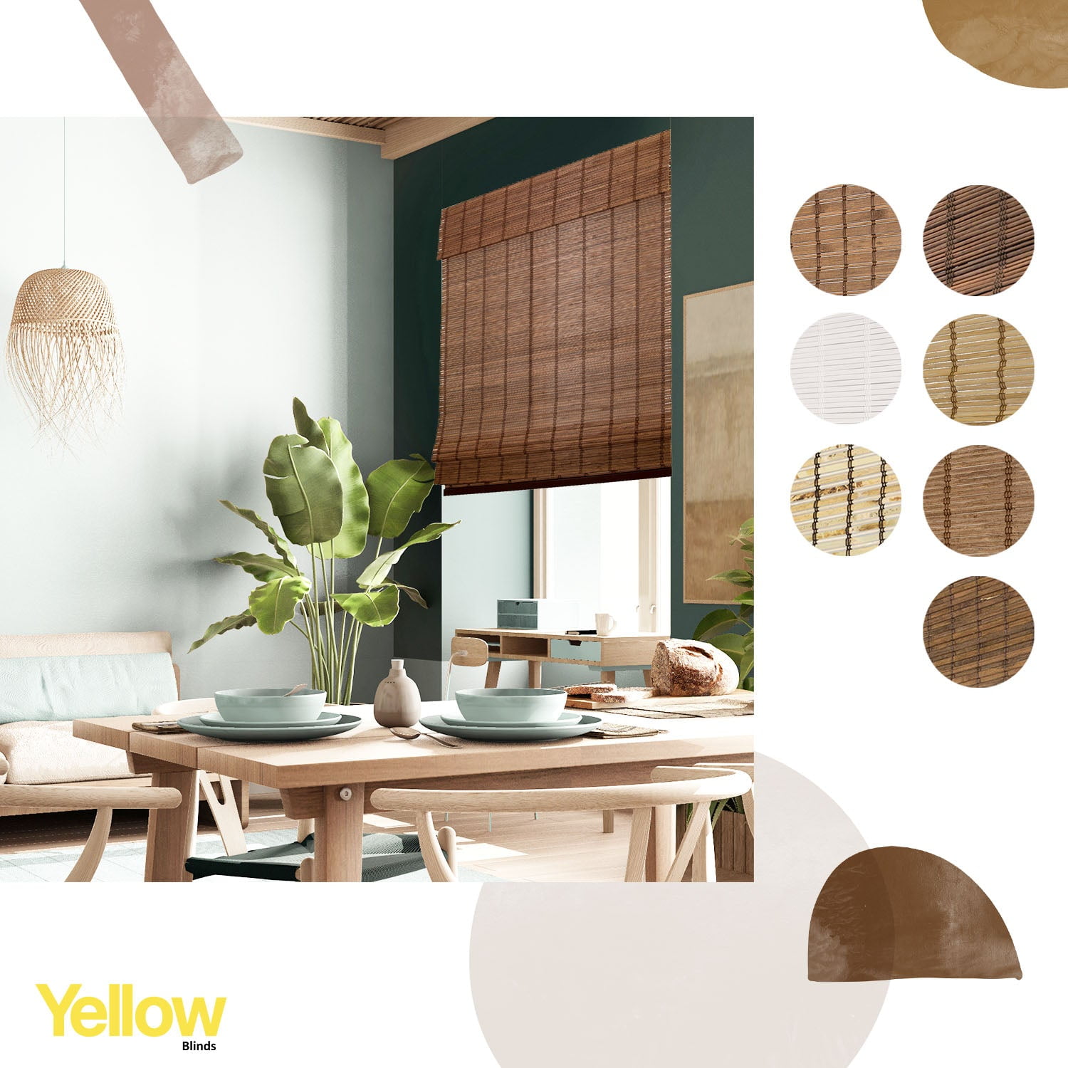 Yellow Blinds 23"W x 64"H Natural Woven Cordless Light Filtering Bamboo Roman Shades for Window, Coffee