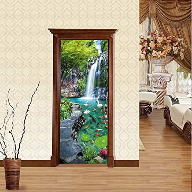 Jungle Rainforest Door Wrap Decal Decor VWAQ- Waterfall Vinyl Door Mural DM9 80 H X 30 W 