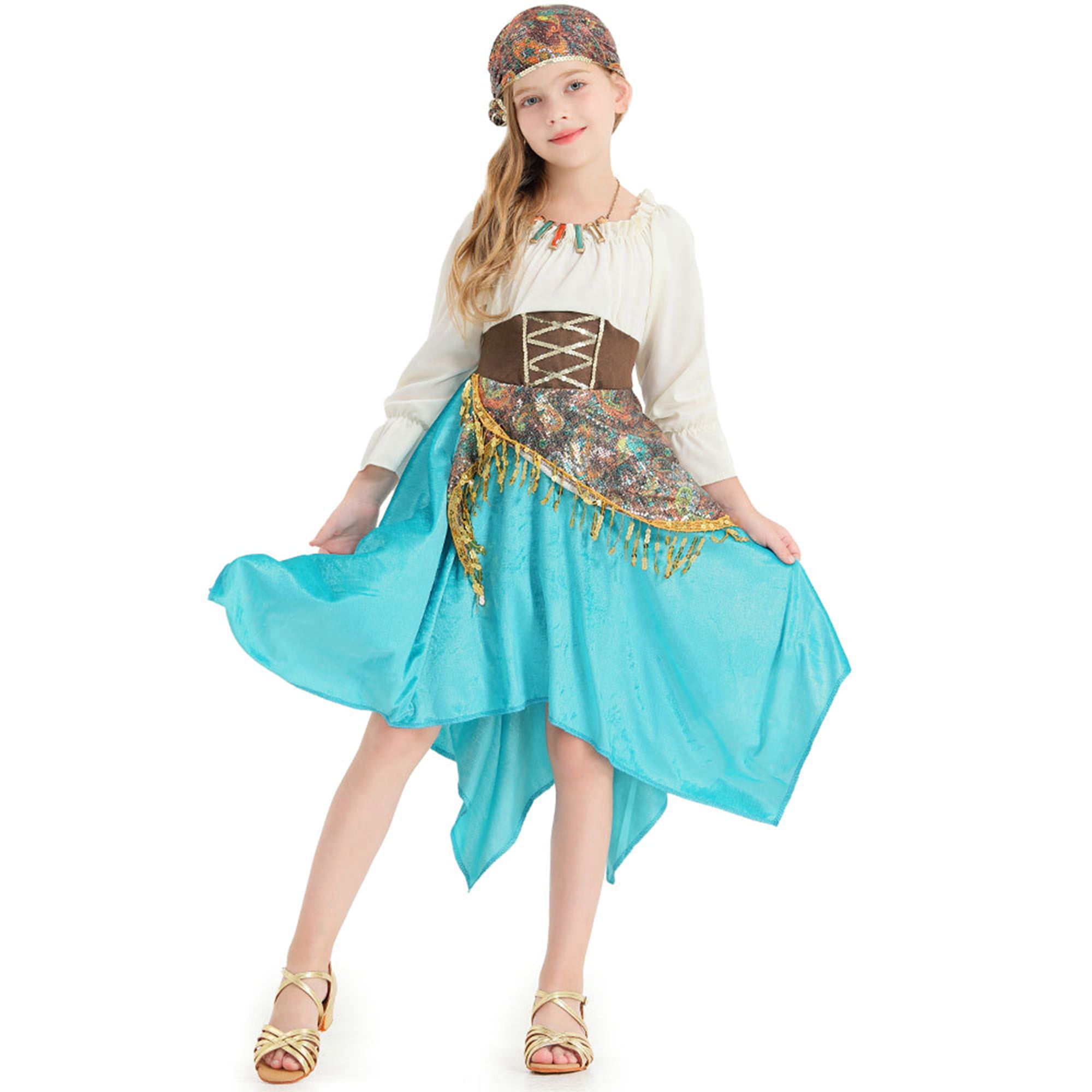 Little Girls Gypsy Costume Long Sleeve Irregular Dance Dress Set with
