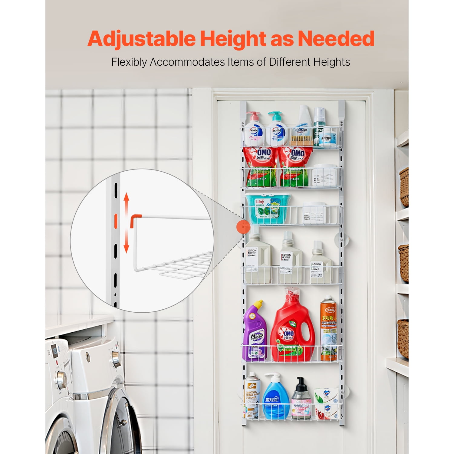KFFKFF Door-Mounted Pantry Organizer, 6-Level Storage Solution, Robust Steel Constructed Spice Holder, Wall-Mounted Adjustable Seasoning Racks, Suitable for Kitchen, Laundry Room, Bathroom, White