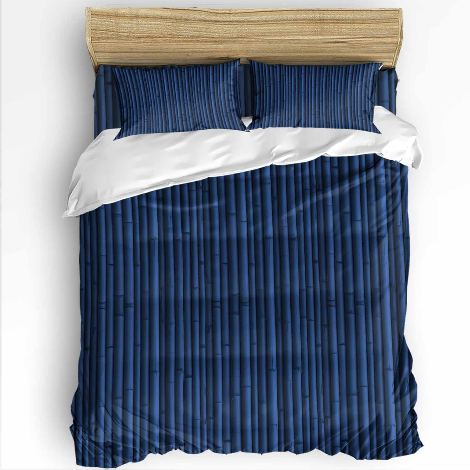 Blue Bamboos Queen Duvet Cover Set, Natural Vintage Bamboos Tree Plant Image 4 Piece Microfiber Bedding Set with Zipper Closure, Bed Sheet and 2 Pillow Shams, Soft Bedding Cover