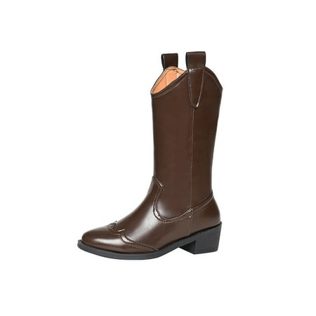 

Tenmix Women Vintage Shoes Mid Heel Cowgirl Boots Pointed Toe Western Boot Calf Walking Casual Retro Brown 9