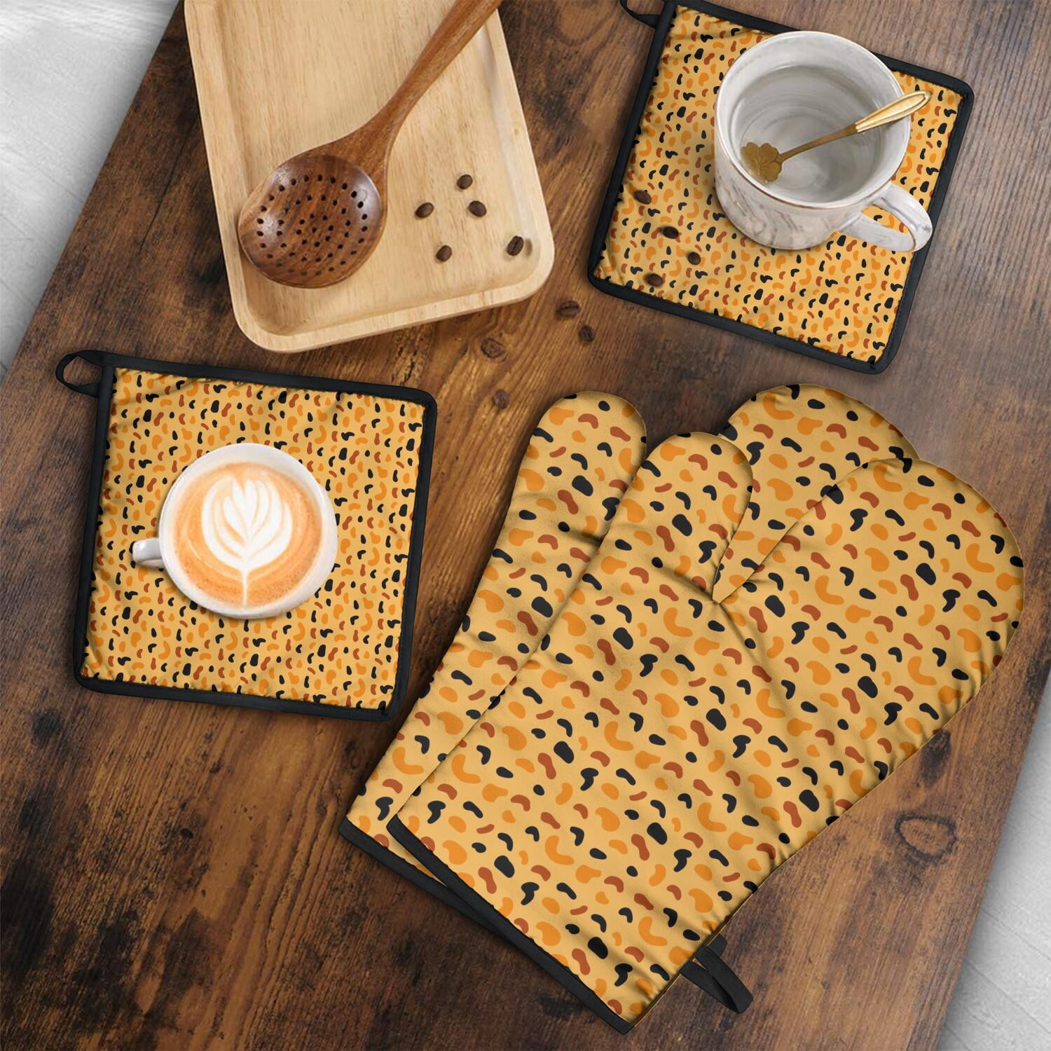 Leopard Print Oven Mitts and Pot Holders Set Of 4, Heat Resistant Kitchen Gloves with Non-Slip Grip, Hanging Loop, Soft Cotton Lining for Baking, Cooking, Grilling, Barbecue