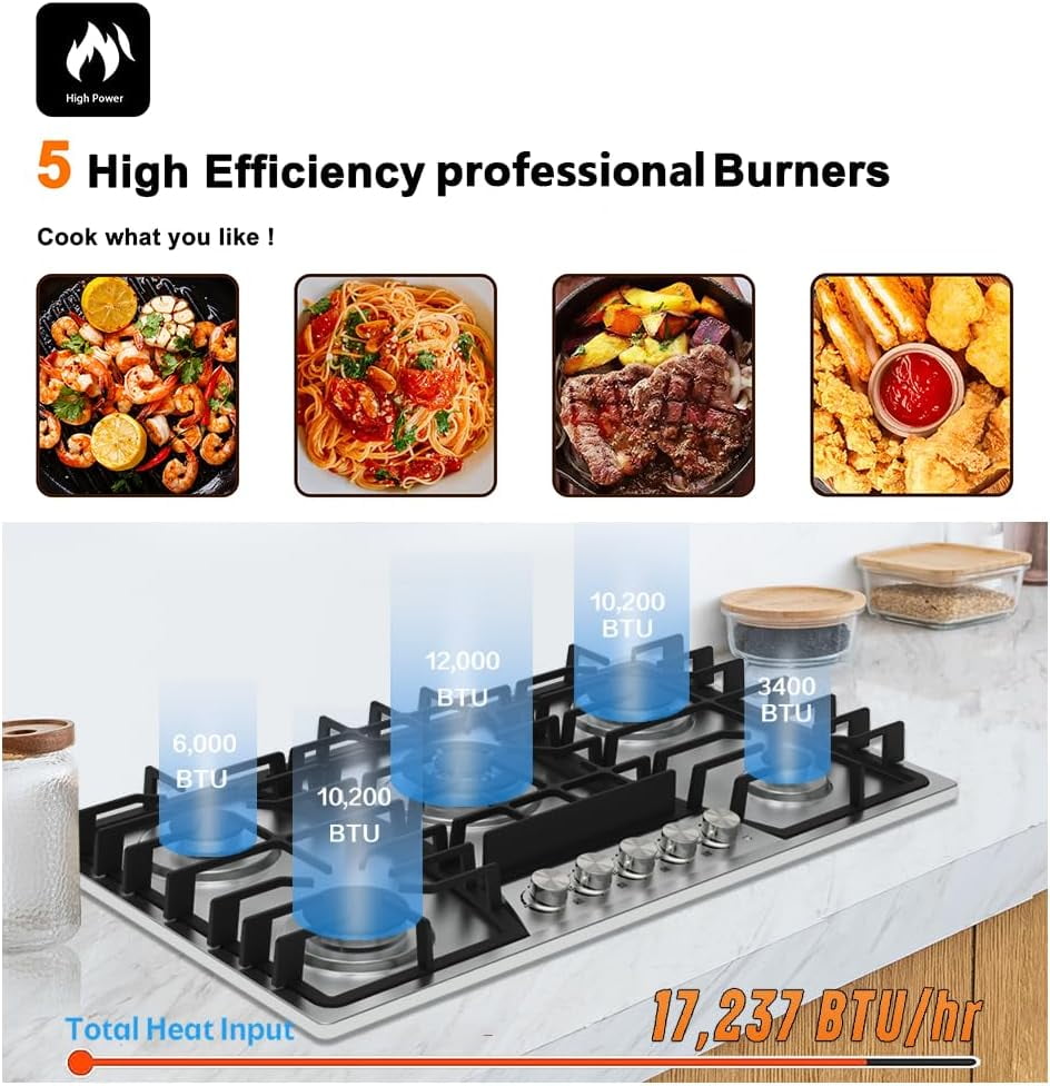 Gas Cooktop, 36 inch Bulit-in Gas Stove Top with 5 Burner,Five Burner Propane Cooktop with Thermocouple Protection, Stainless Steel