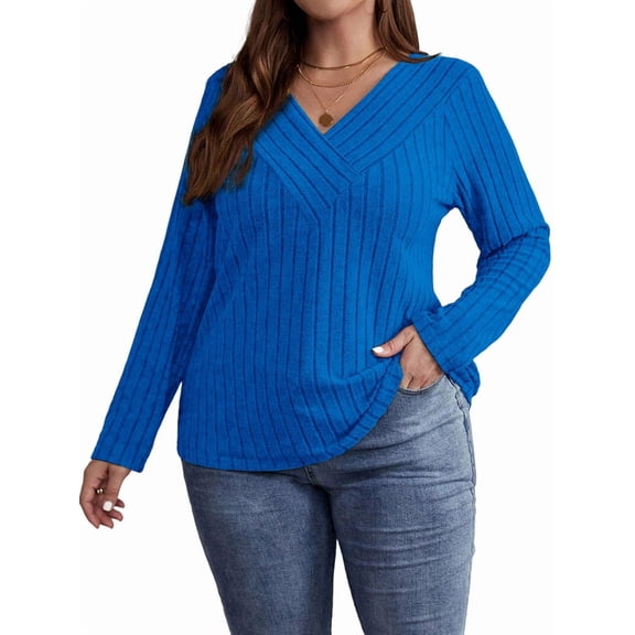 Women'S Plus Size Tops Trendy V Neck Casual Long Sleeve Shirts Knit Sweaters Blue 5XL