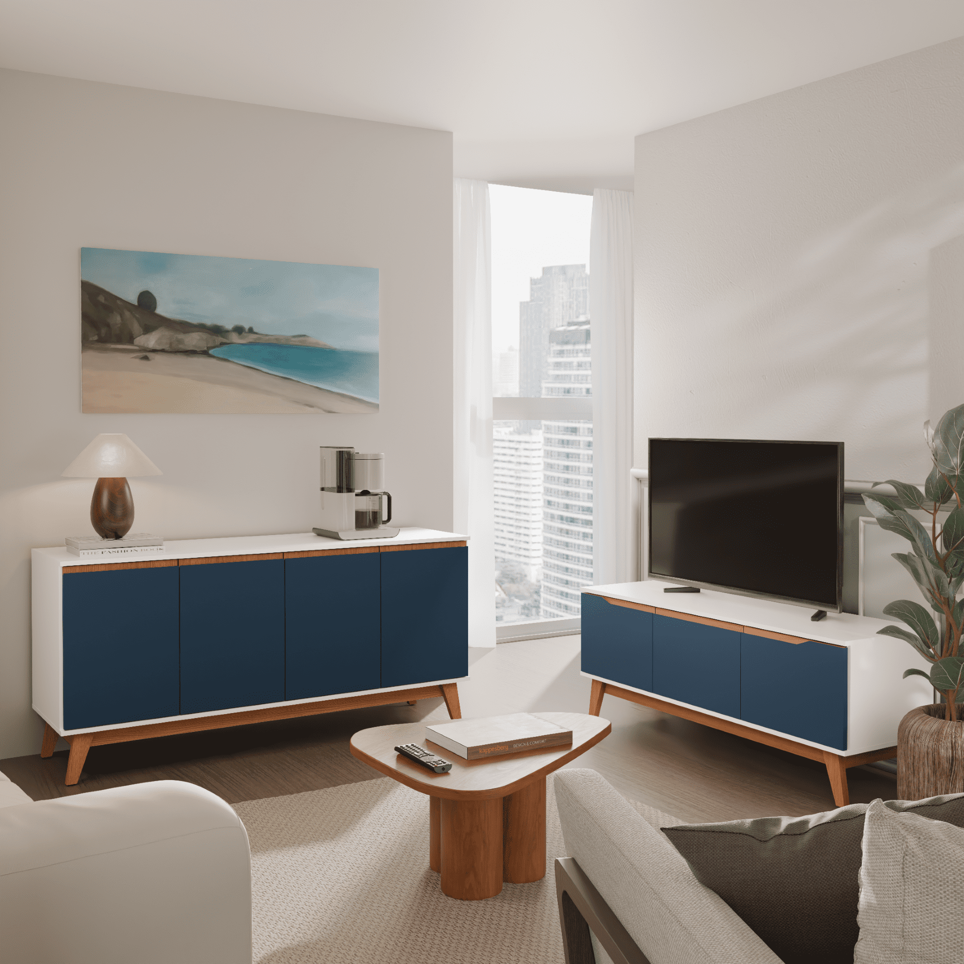Kappesberg Living Room Furniture Set with 3-Door TV Stand and 4-Door Sideboard White/Blue – Modern Storage Combo