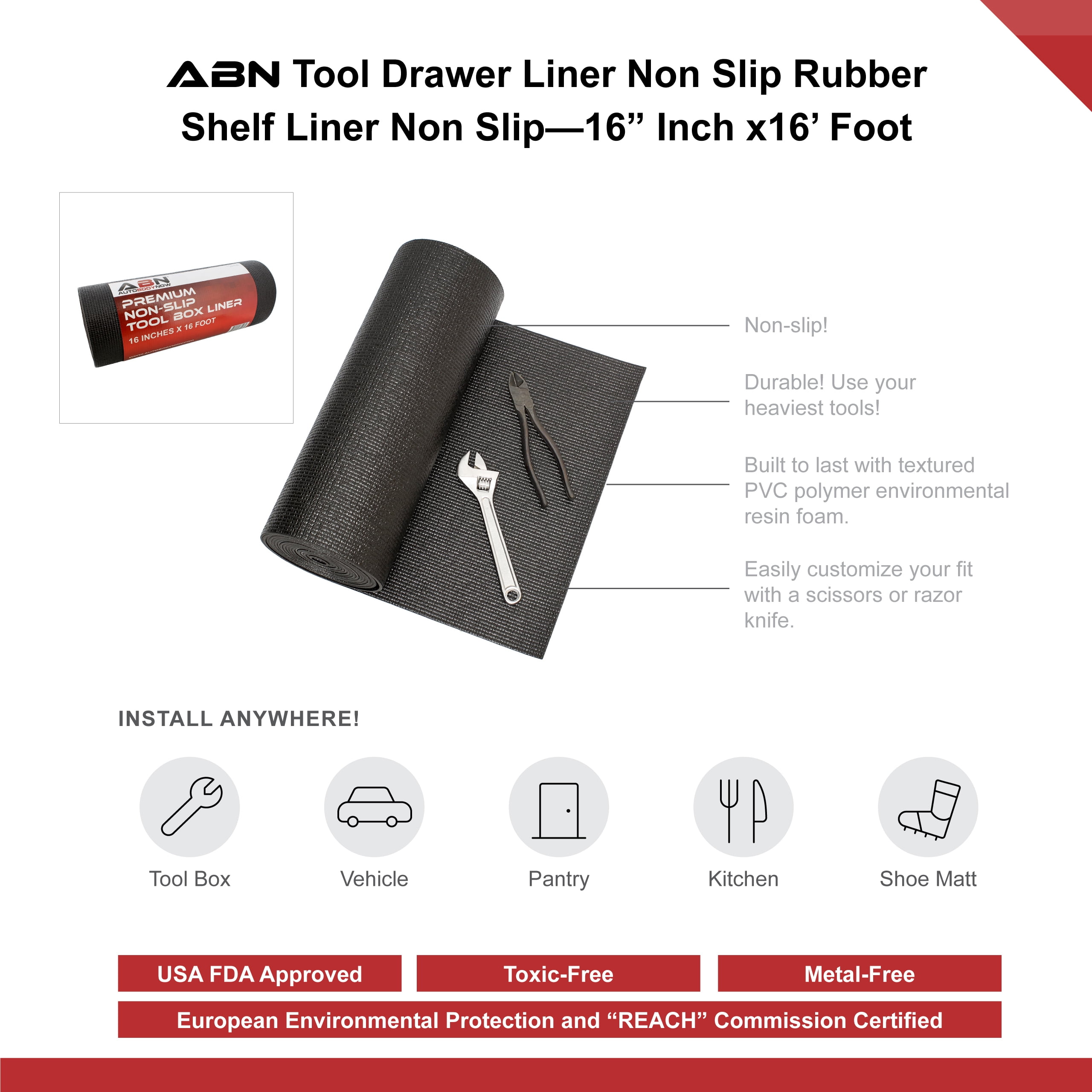 ABN Tool Drawer Liner Non Slip Rubber Shelf Liner Non Adhesive - 16in x 6ft