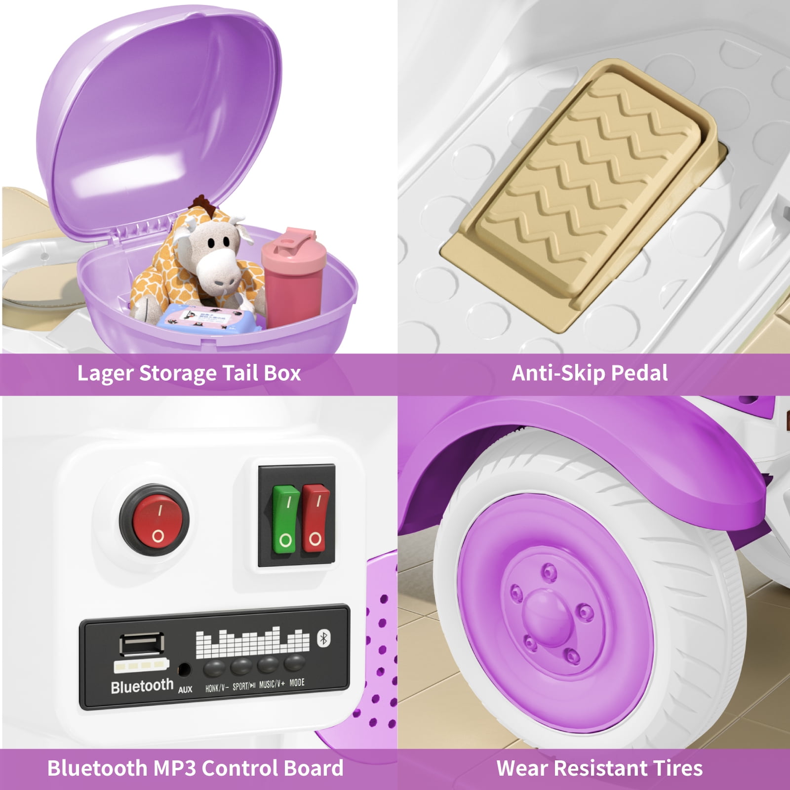 TCARAIWEN 12V Kids Electric Motorcycle Battery 3-Wheeler Tricycle w/Bluetooth Music LED Storage Box Purple