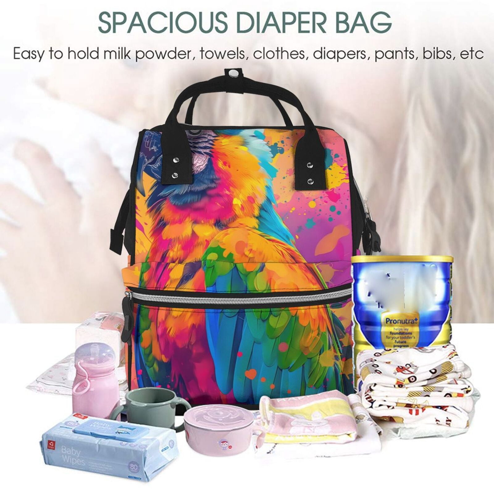 Fuzoiu Colorful Parrot Jungle Dream A Print Diaper Bag Backpack,Baby Essentials Travel Tote,Multi function Waterproof Diaper Bag, Travel Essentials Baby Bag - Unisex