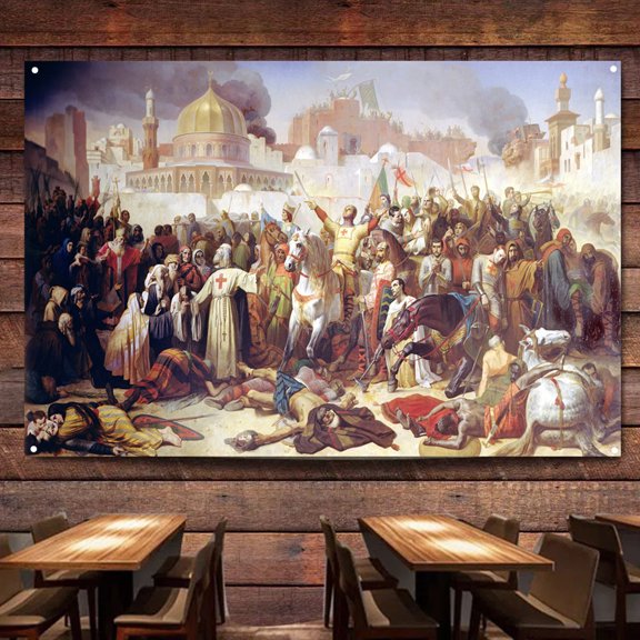 Taking of Jerusalem by the Crusaders, 15th July 1099 Posters and Prints Tapestry Wall Chart Vintage Canvas Painting Knights Templar Flag Wall Art Room Home Decor Banner,38X57 inches