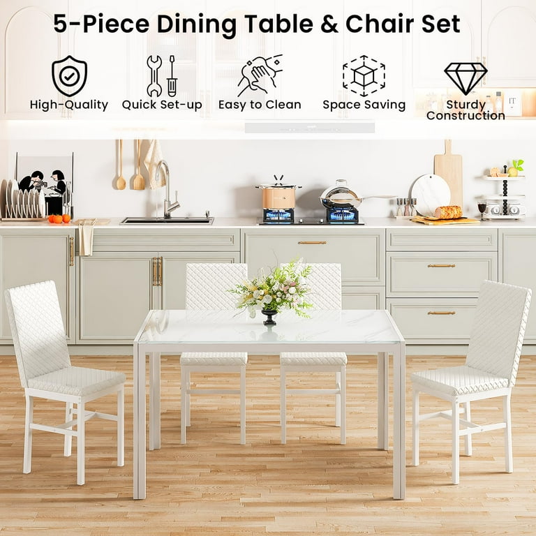 AWQM 5-Piece Dining Set, Glass Table with PU Leather Chairs