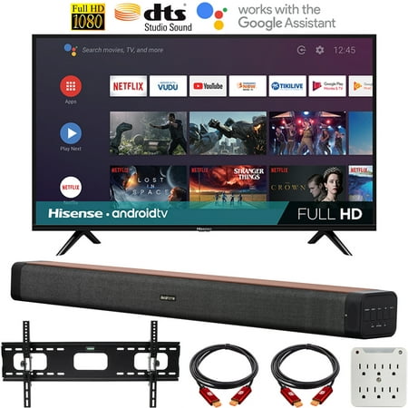 Hisense 43H5500G 43-inch H55 Series FHD Full HD Smart Android TV with DTS Studio Sound Bundle with Deco Home 60W 2.0 Channel Soundbar, 37"-100" TV Wall Mount Bracket Bundle and 6-Outlet Surge Adapter