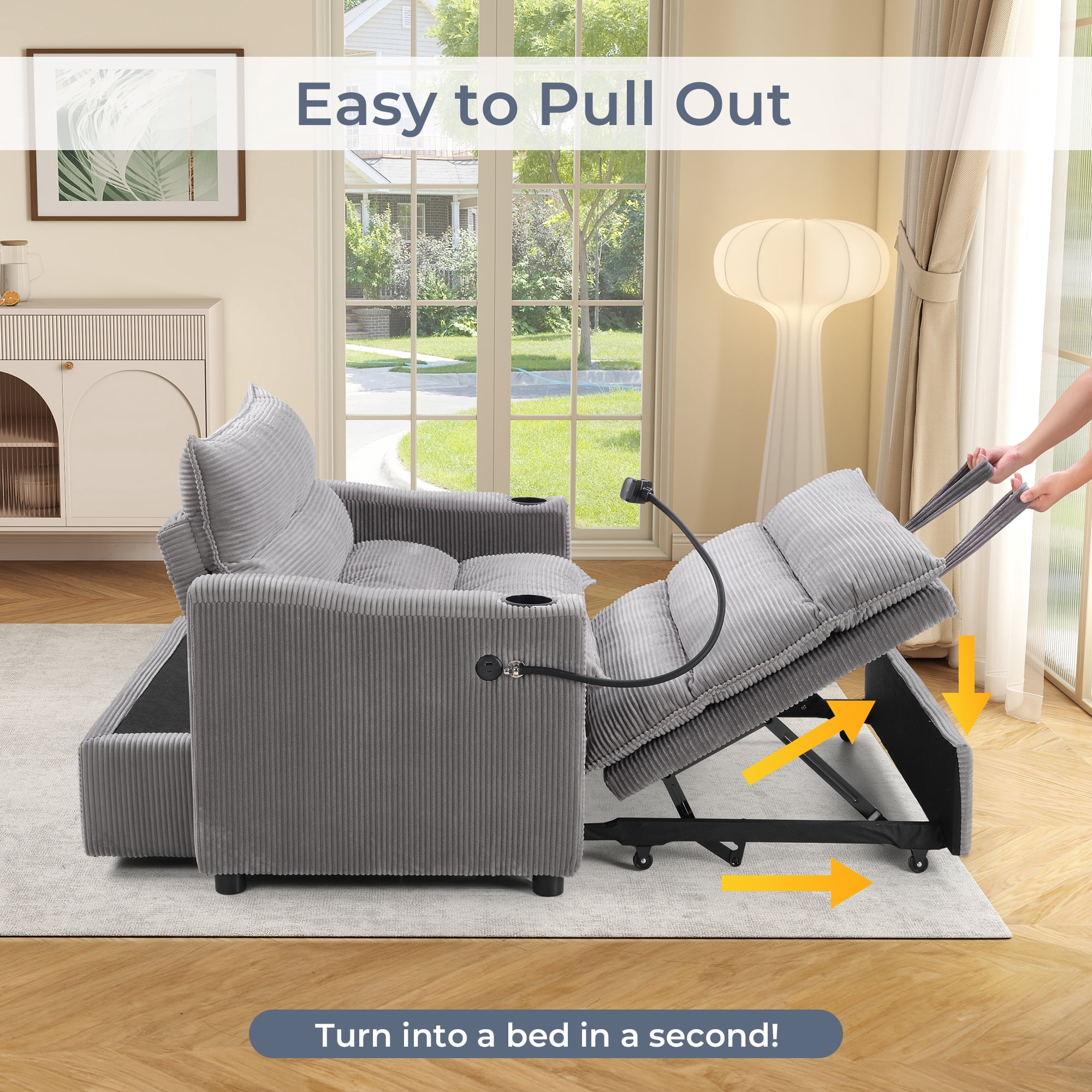 Ebello 3-in-1 Sleeper Sofa Bed, Corduroy Convertible Pullout Futon Couch with Adjustable Backrest, Phone Holders & USB Ports for Apartment, Small Space, 2-Seat(Gray)