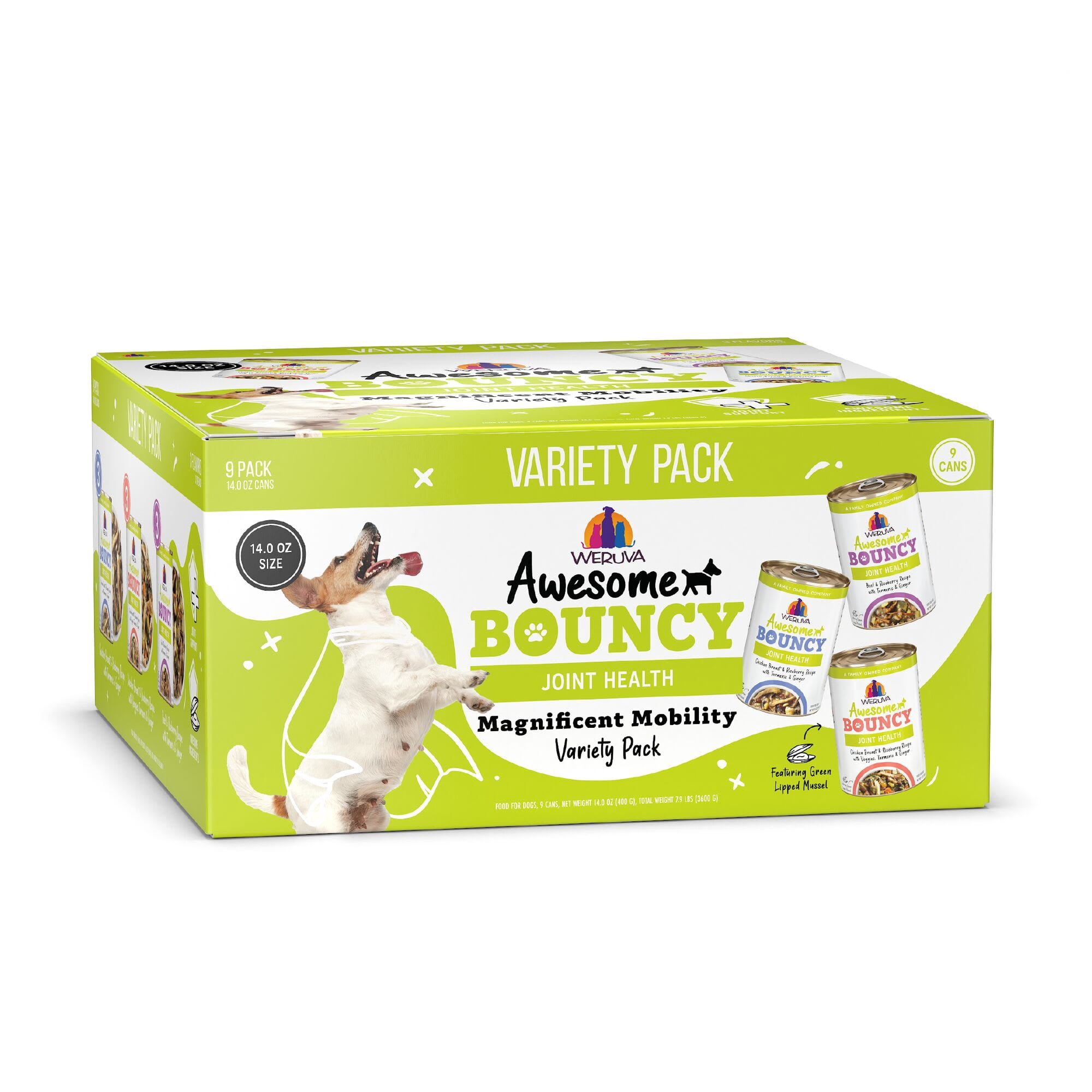 Weruva Awesome Bouncy Magnificent Mobility Wet Dog Food Variety Pack, 14 oz., Count of 9