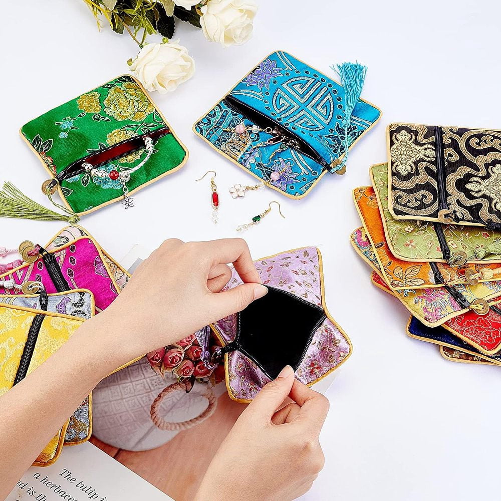 14Pcs 14 Colors Chinese Brocade Tassel Zipper Jewelry Bag Gift Pouch Square Mixed Color 11.5x11.5cm 1pc/color