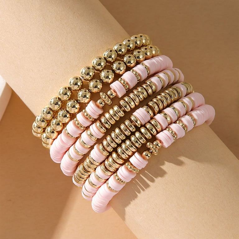 AEXTO Heishi Clay Bead Bracelets for Women Bohemian Stackable Gold