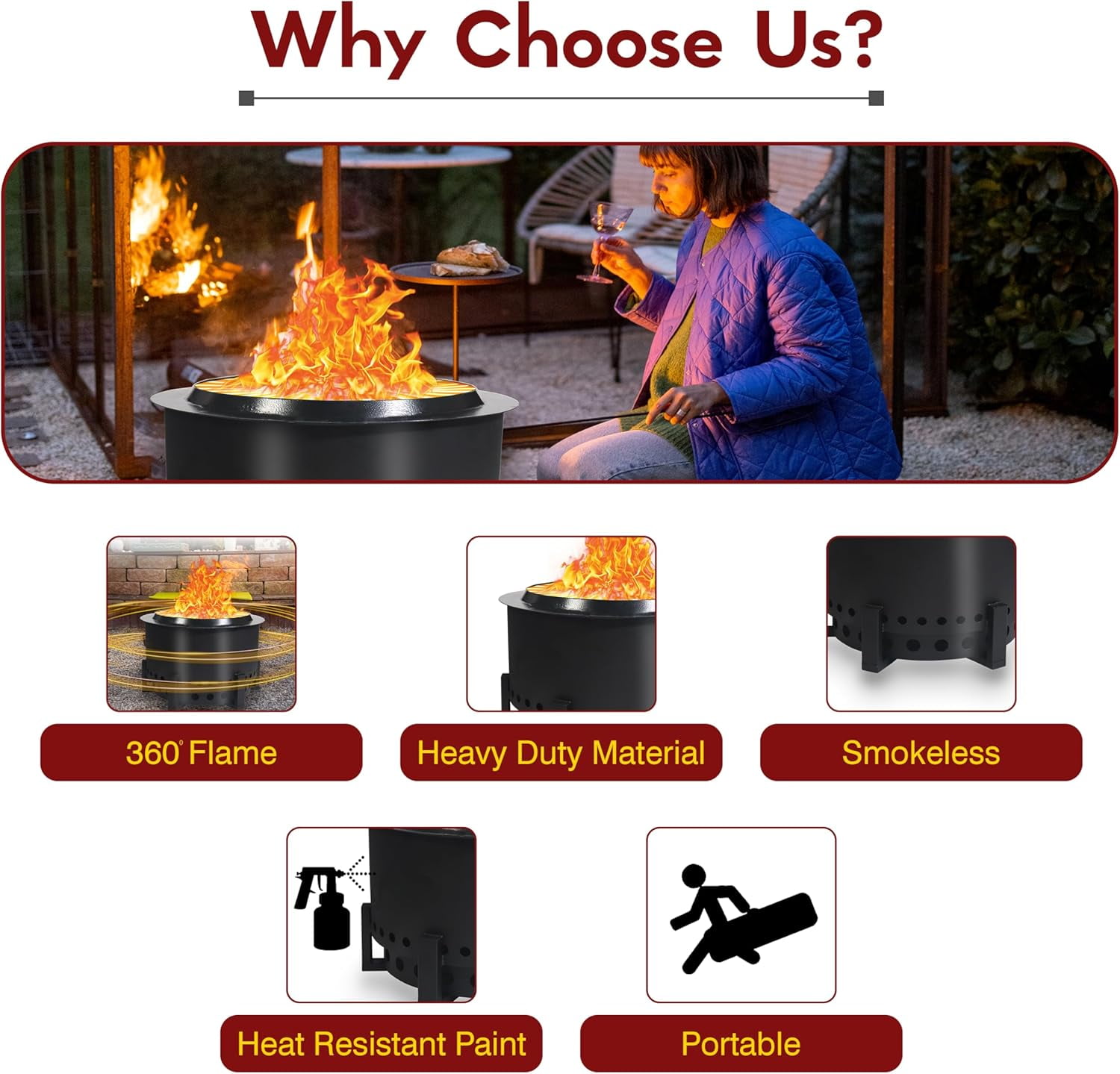 Portable Smokeless Fire Pit 21.6 Inch - Fire Pit with Innovative Airflow System - Durable Carbon Steel Bonfire for Outside Experience