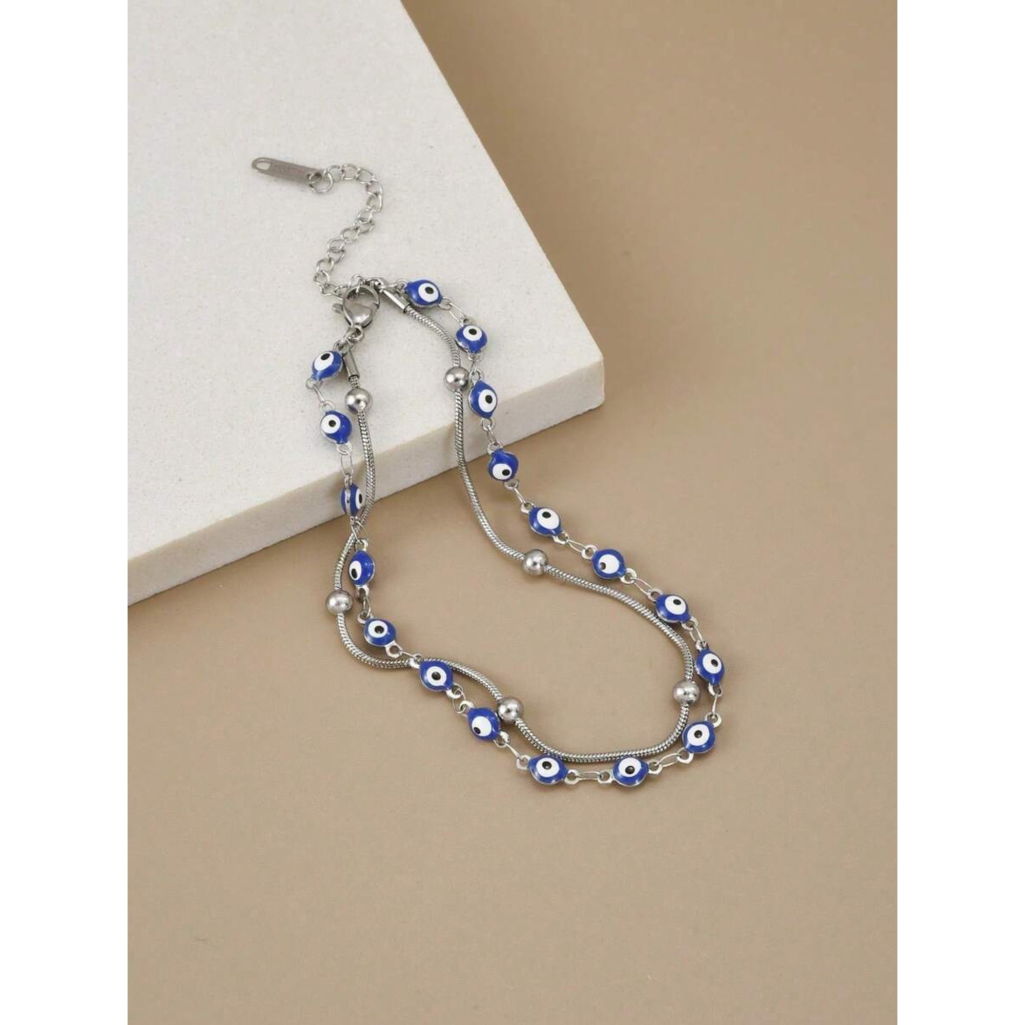 Double Strand Evil Eye Anklet in Silvertone Stainless Steel - Silver-2
