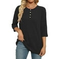 thumbnail image 4 of Otntypg Fall Spring Sweater Tops for Women Casual Half Button up Three Quarter Length Sleeve Crewneck Ribbed Striped Knit Pullover Henley T-Shirts Loose Fit Comfy Tunic Blouse Black S, 4 of 6