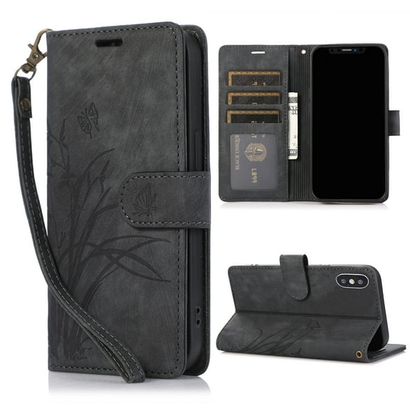 Nalacover Slim Wallet Case for iPhone XS Max, for Women Men, Embossed Pattern PU Leather Shockproof Magnetic Clasp Credit Card Slots Flip Kickstand Phone Case Wrist Strap,Black