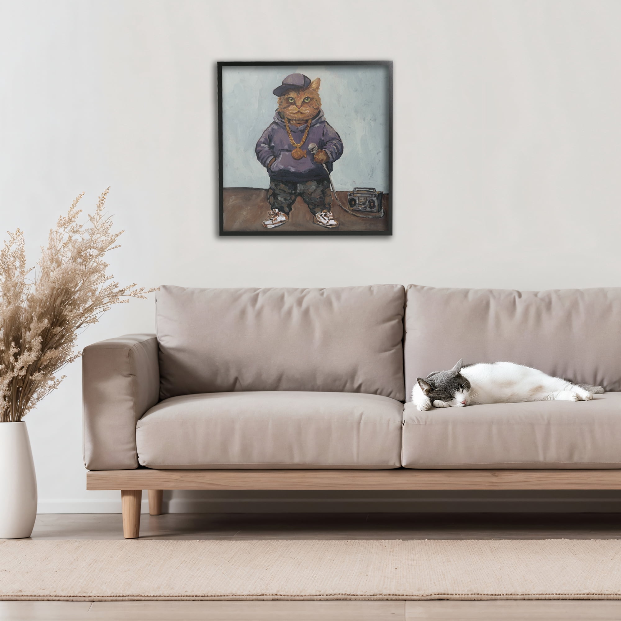 Stupell Industries Urban Hip-Hop Cat Black Framed Giclee Art, design by Studio Bautista