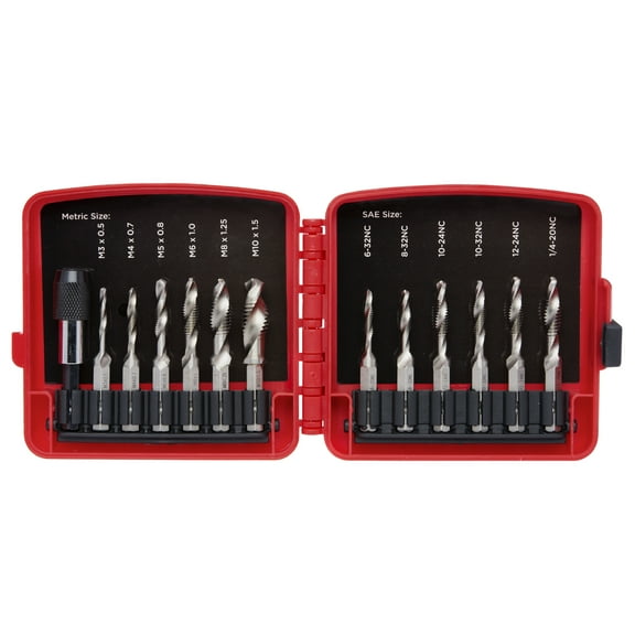 NEIKO 10059A Combination Drill and Tap Bit Set with Quick Change Adapter, 13 Piece, SAE (6-32NC to 1/4-20NC) and Metric Drill Bit Set (M3 to M10), Metric Tap Set
