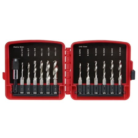NEIKO 10059A Combination Drill and Tap Bit Set with Quick Change Adapter, 13 Piece, SAE (6-32NC to 1/4-20NC) and Metric Drill Bit Set (M3 to M10), Metric Tap Set