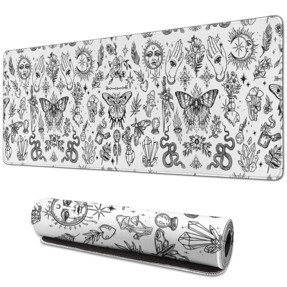 Long Mouse Pads for Desk,White Gothic Hand Butterfly Pattern Desk Mats on Top Of Desks, Desk Mouse Pad Extra Large with 3mm Non-Slip Base and Stitched Edge for Gaming,Office,Work,Home 31.5"x11.8"