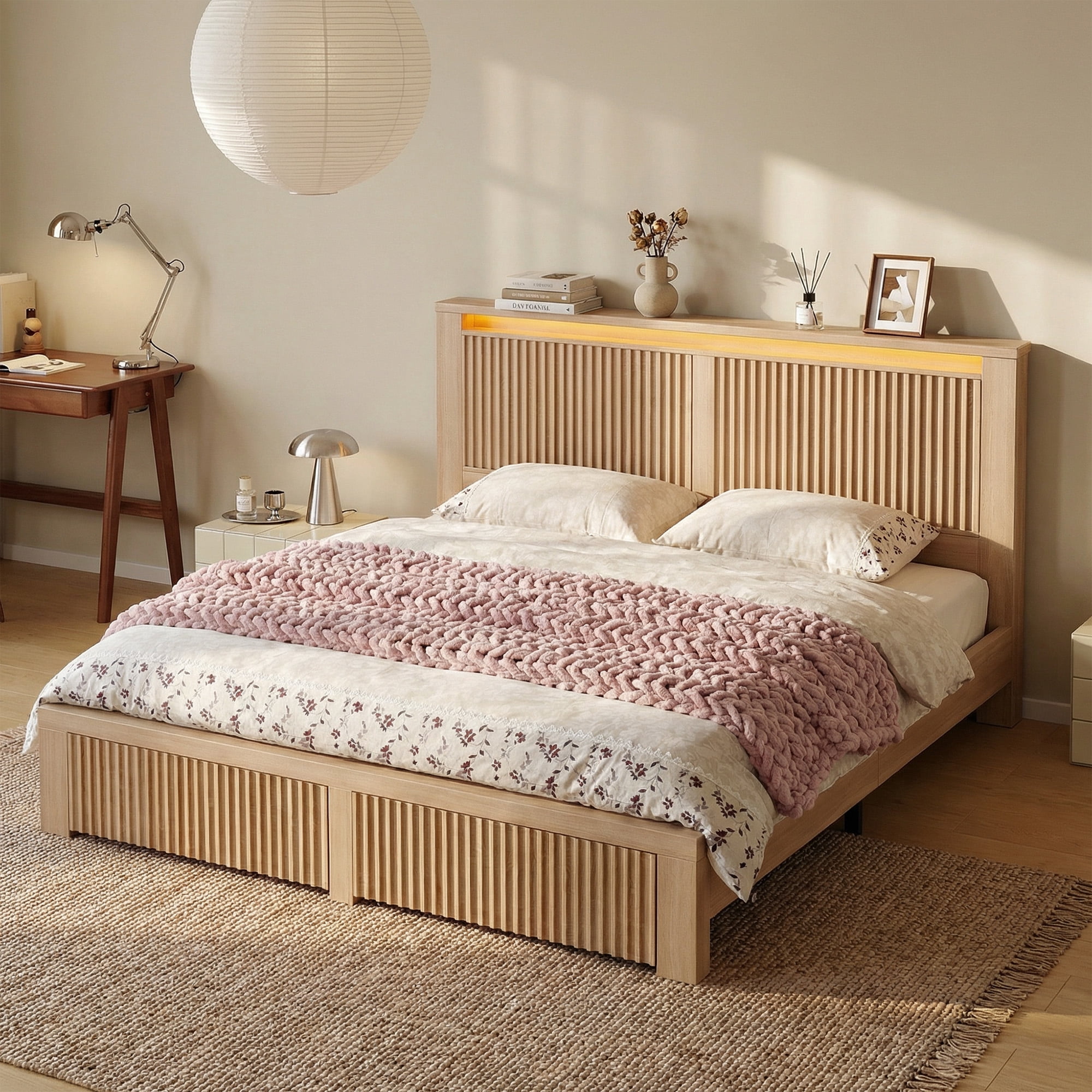 EnHomee Wood Bed Frame Queen with Headboard Bed Frame with Storage Shelf and Drawers Farmhouse Bed Frame with 2 Drawers & Charge Station & LED Light, Rustic Oak
