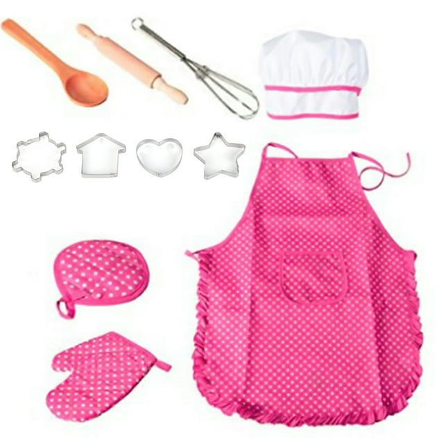 Juego de 11 piezas de chef para niños, juego de cocina para niños, delantales para hornear, guantes para horno, batidor de huevos, regalo para niñas
