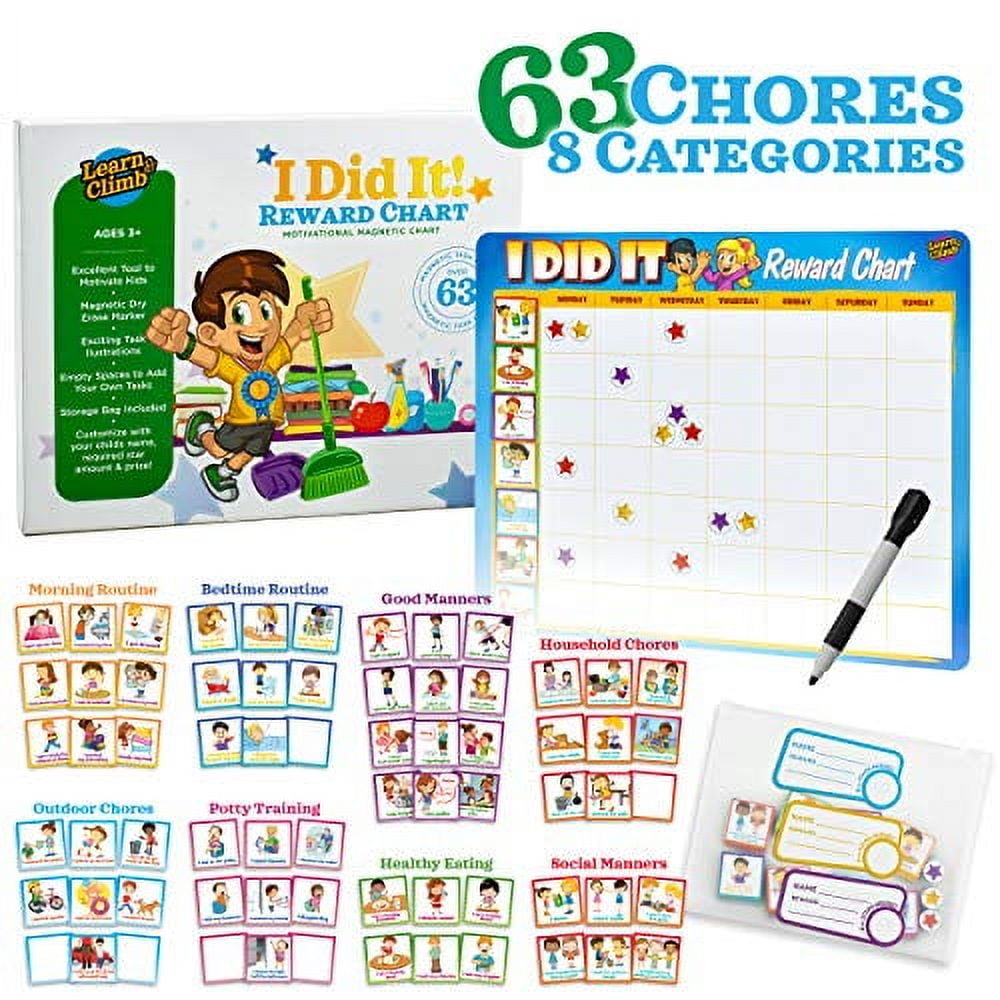 Learn & Climb Kids Behavior Reward Chart Magnetic Board with 63 Chores for Potty Training & Responsibility Tasks for Multiple Kids