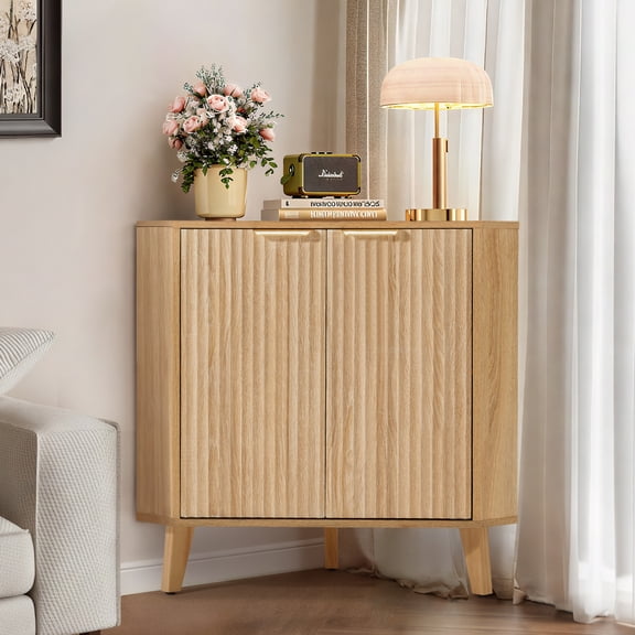 HOMREST Corner Cabinet with USB Ports and Outlets, 2-Tier Wooden Storage Shelf, Natural Wood Finish Organizer for Living Room, Bedroom, Study, Light Wood Tone