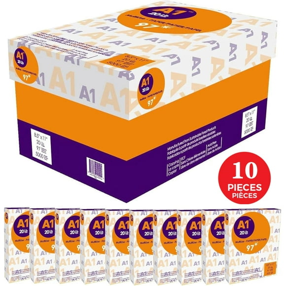 5000 Sheets A1 Multipurpose Copy Printer Paper, Laserjet Inkjet Printer Fax Photocopy Paper, 97 Brightness, 20 lb, Letter Size 8.5''x11''(500 Sheets/Ream, 10 Reams)