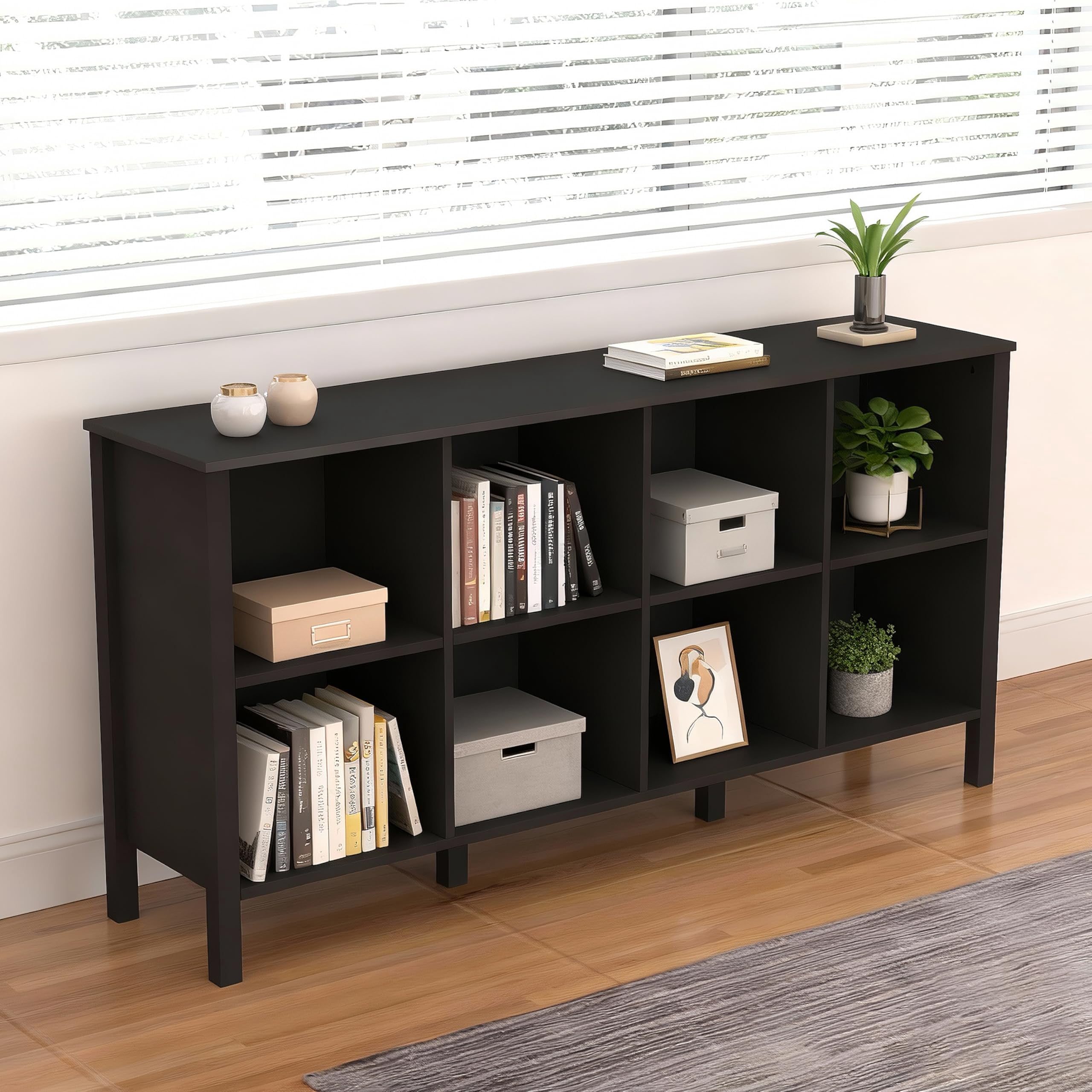NEWADARA 8-Cube Bookcase, Farmhouse Wooden Bookshelf Low Storage Organizer, 59" Horizontal Black Console with Legs, Hallway Book Case for Entryway, Display Cabinet for Living Room (Black, 8-Cube)