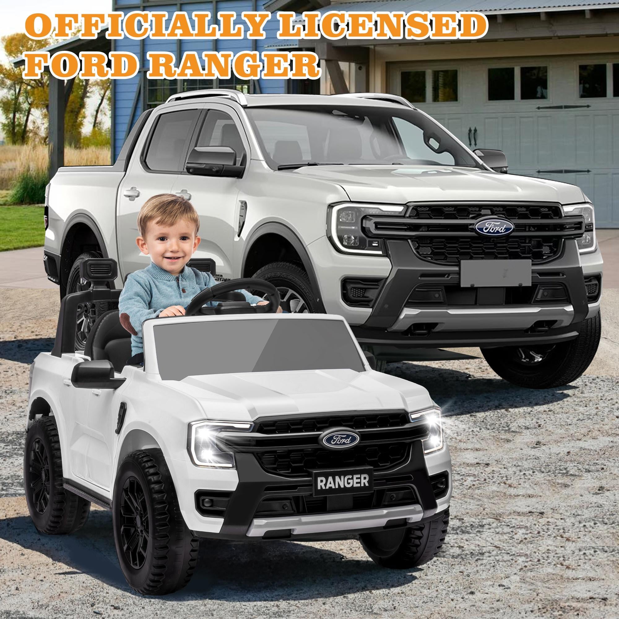 Ford Ranger Ride on Truck 12V Powered Ride on Toy Cars with Remote Control Bluetooth MP3 Player Safety Belt LED Lights Horn Rear Wheels Drive
