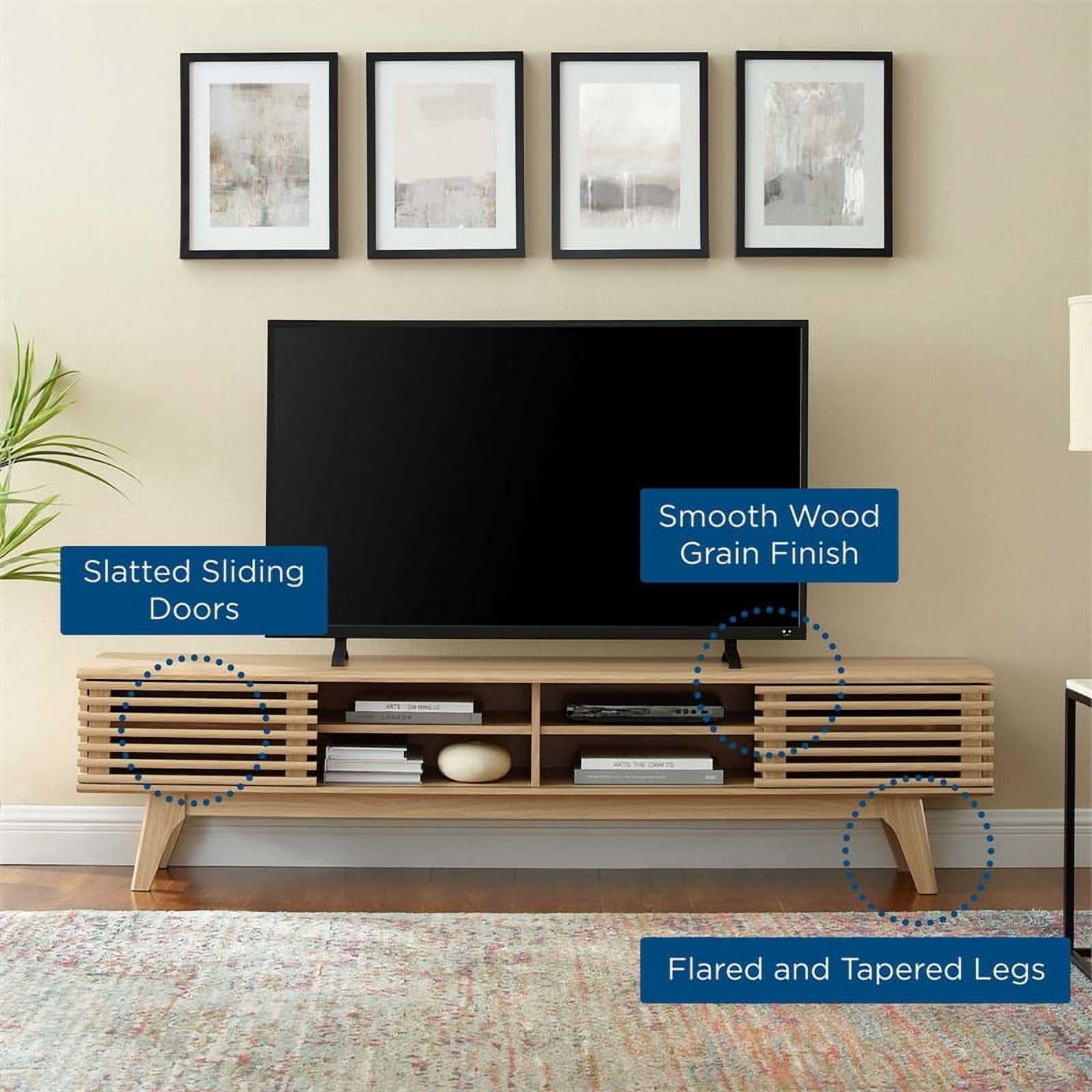 Modway Render 70"W Modern Wood TV Stand for TVs up to 78" in Oak